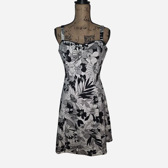 Y2K Breakin' Loose Black & White Floral Midi Dress Size 7/8 - Picture 1 of 3